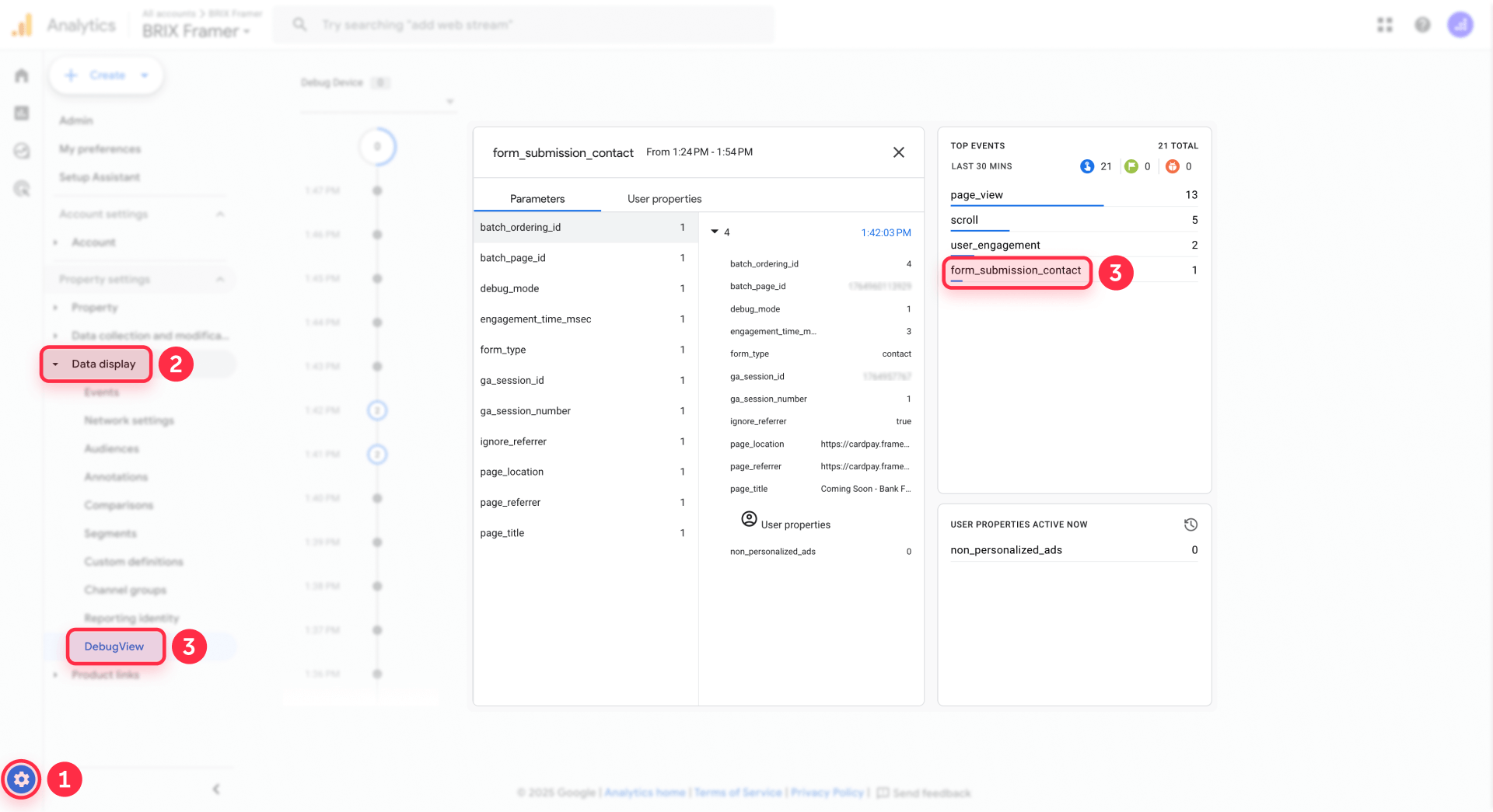 How to verify form submission contact in GA4 DebugView for Framer forms