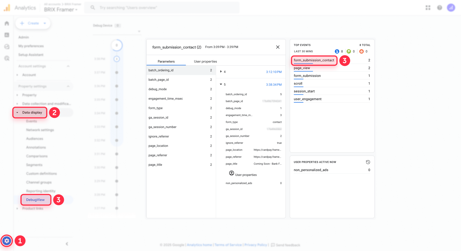 How to verify form submission contact with form type in GA4 DebugView for Framer