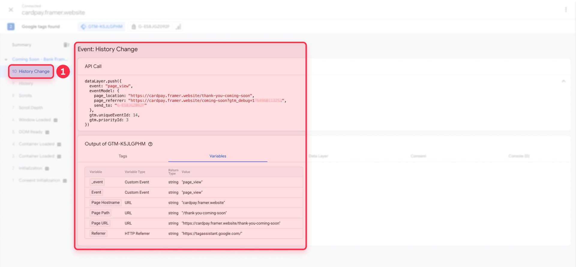 Testing Framer Thank You page redirect in GTM Tag Assistant preview mode