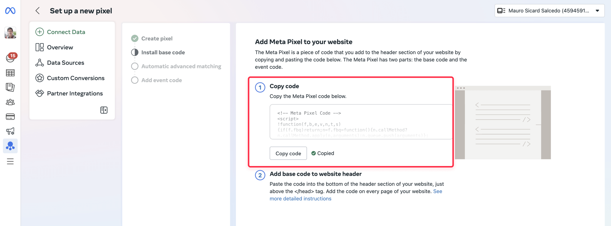Copy Facebook Meta Pixel code to add on Webflow site