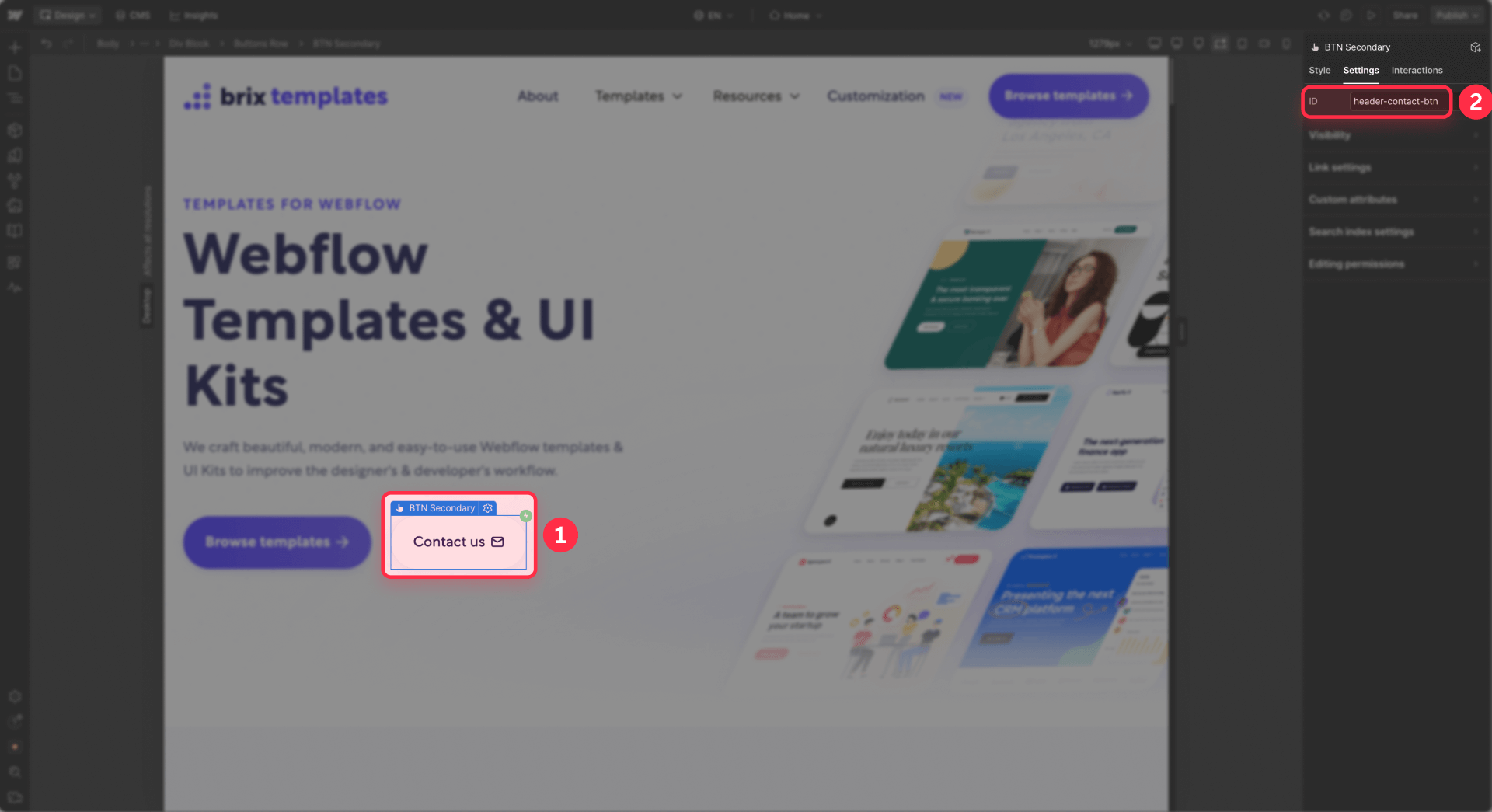 How to assign ID header contact btn to Contact us button in Webflow Designer for GTM