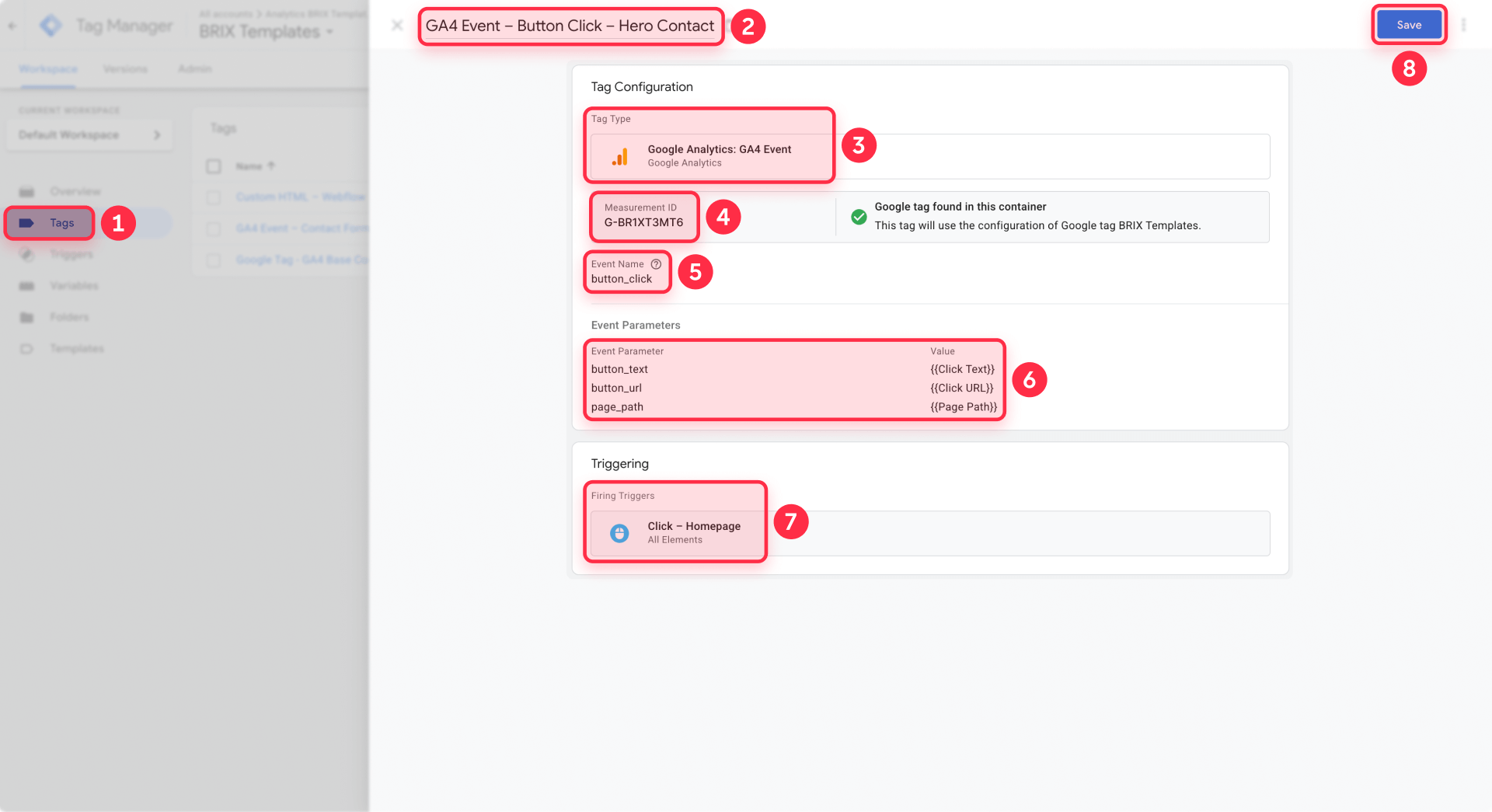 How to configure GA4 Event tag button click hero contact with parameters Webflow GTM