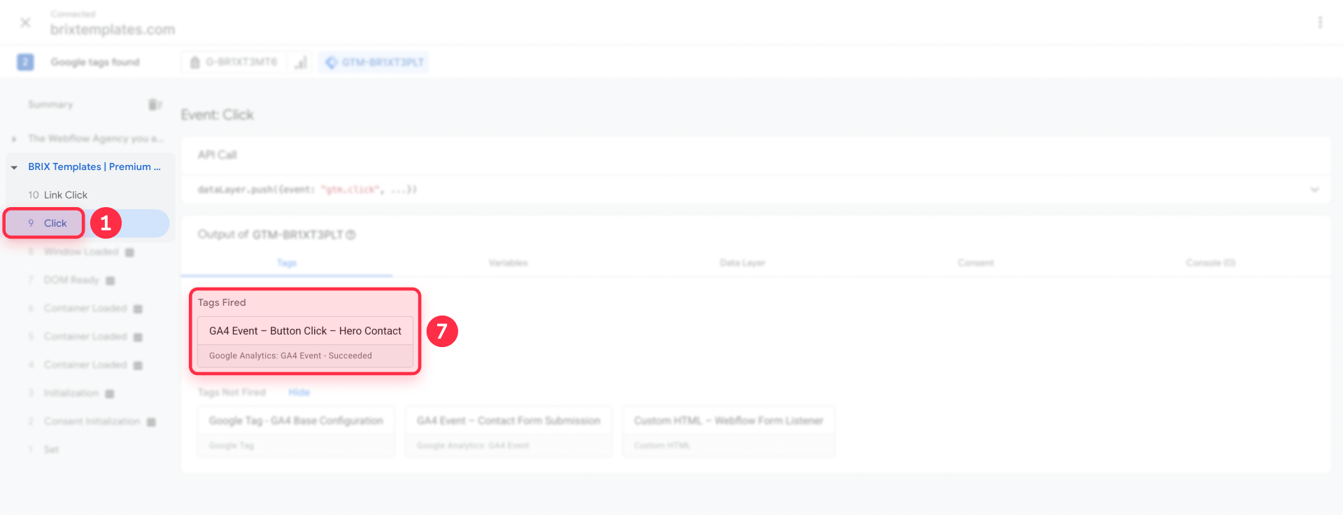 How to verify GA4 Event button click hero contact fired in GTM Tag Assistant Webflow