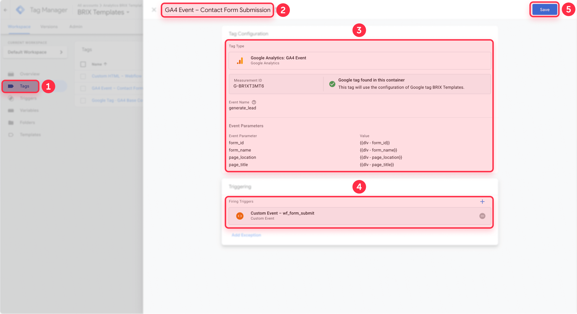 How to configure GA4 Event tag generate lead with dataLayer variables in GTM for Webflow