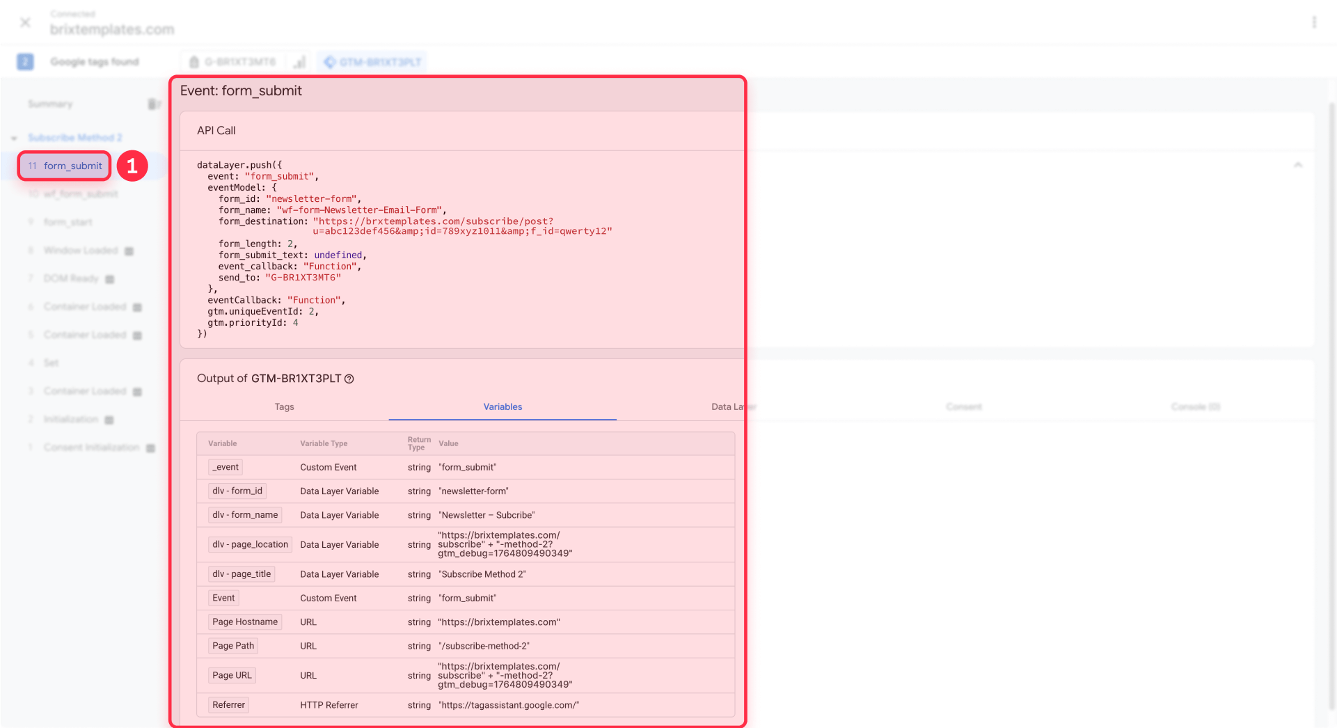 How to verify custom form name in GTM Tag Assistant for Webflow forms