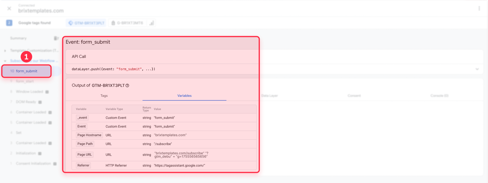 How to verify form submit event in GTM Tag Assistant for Webflow forms