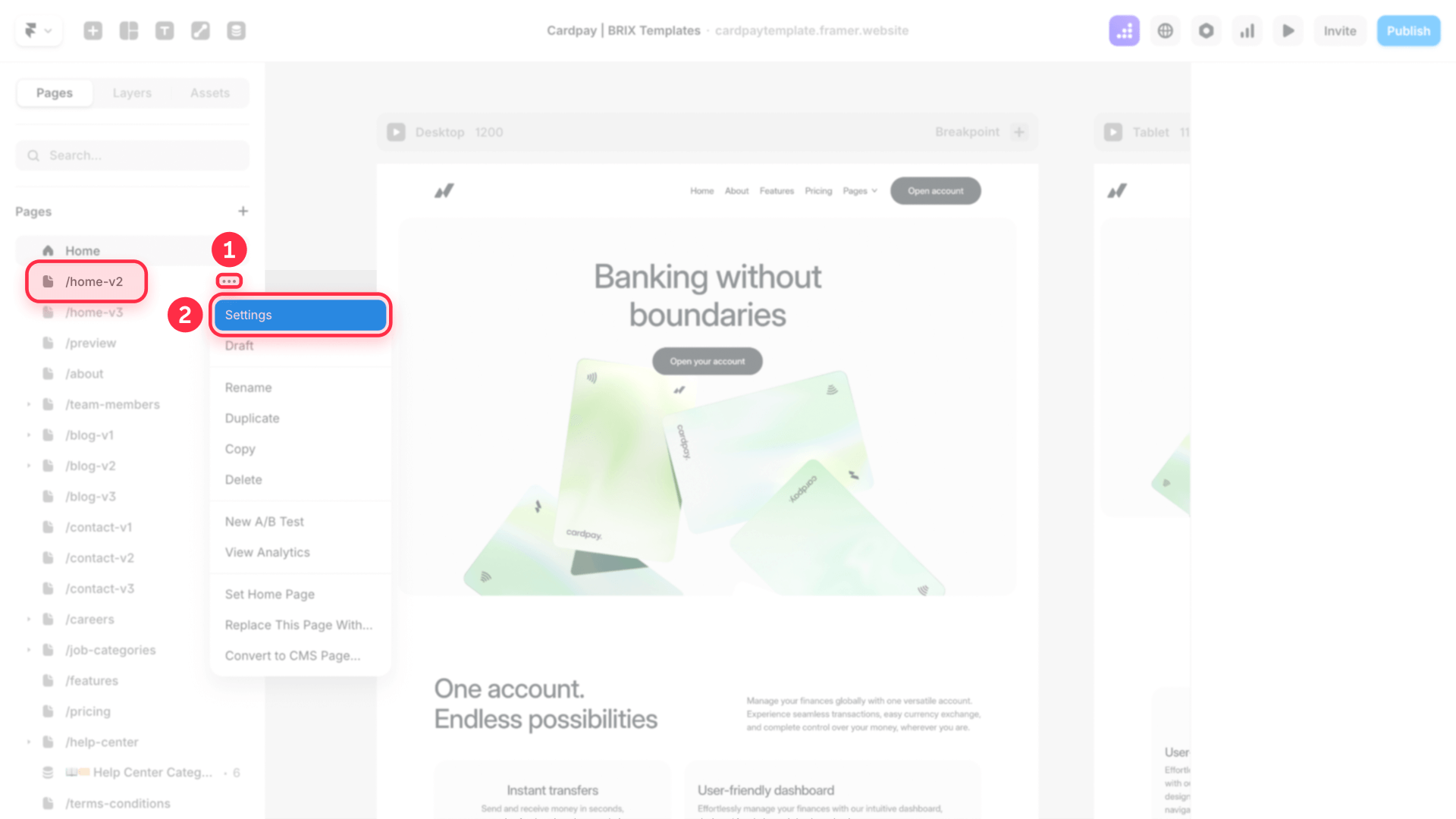 How to open page settings from the Framer pages panel