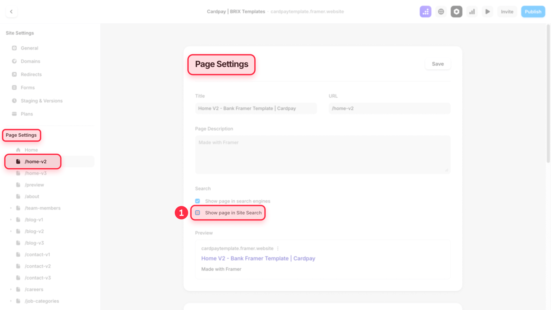 How to uncheck the indexation option in Framer page settings