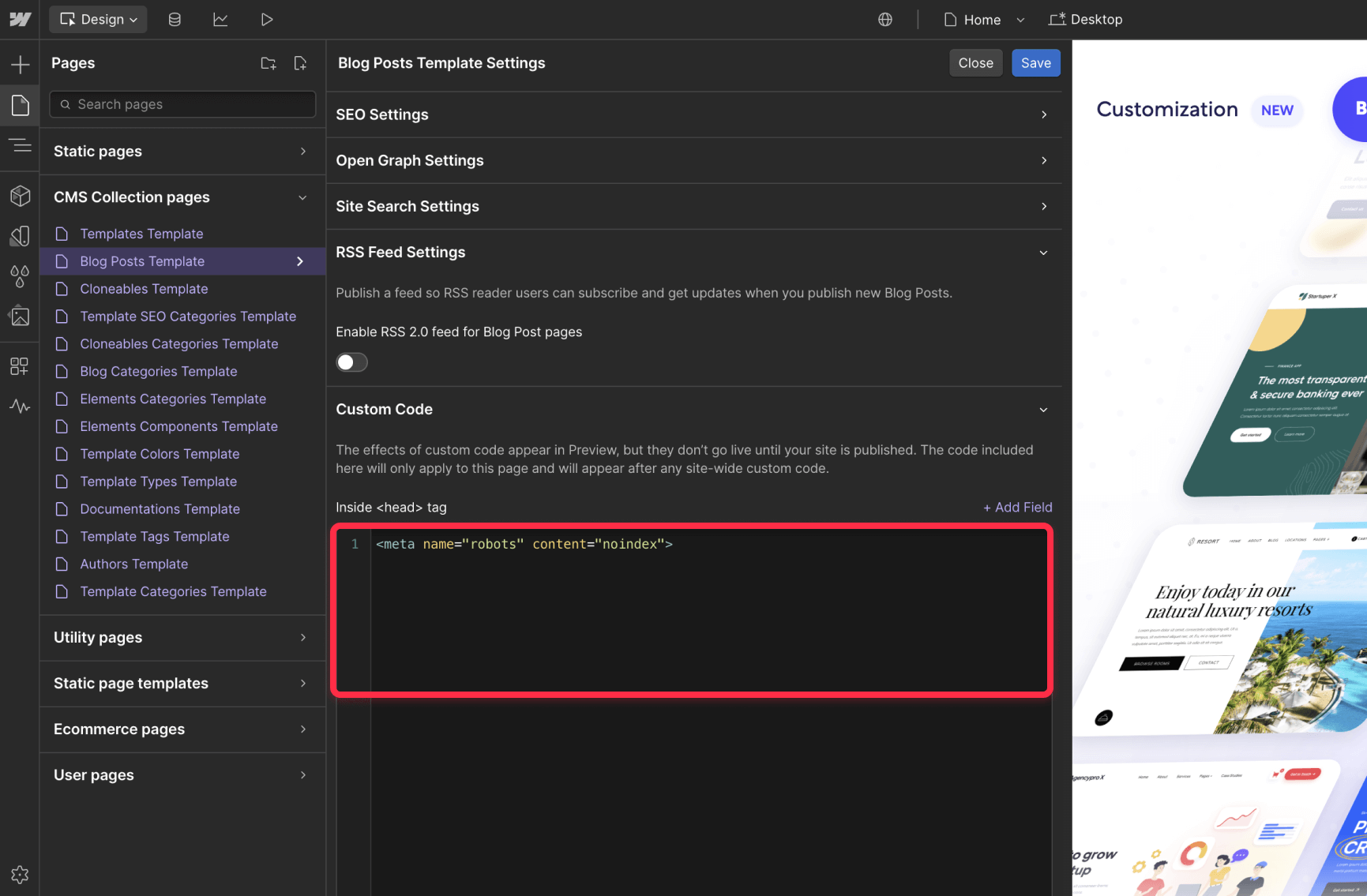 How to unindex entire CMS collections in Webflow