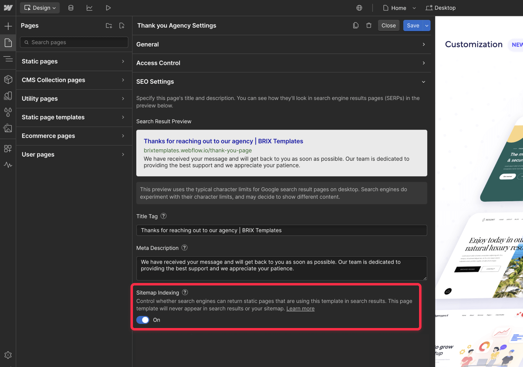 How to unindex individual static pages in Webflow
