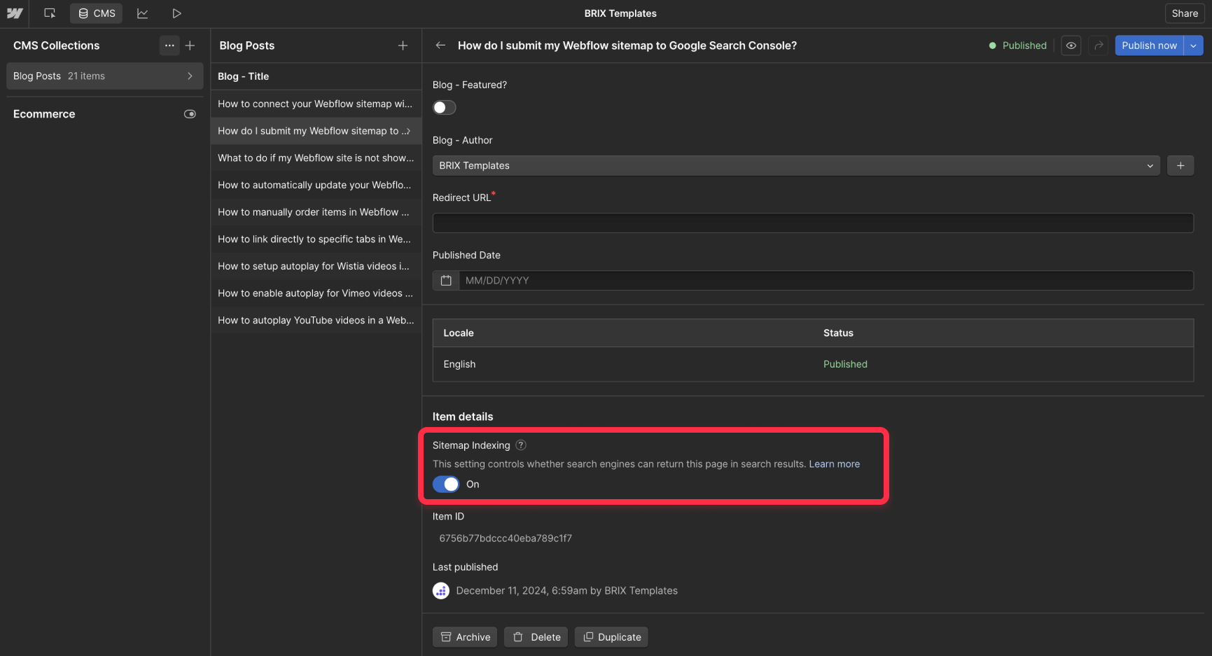 How to unindex specific Webflow CMS items