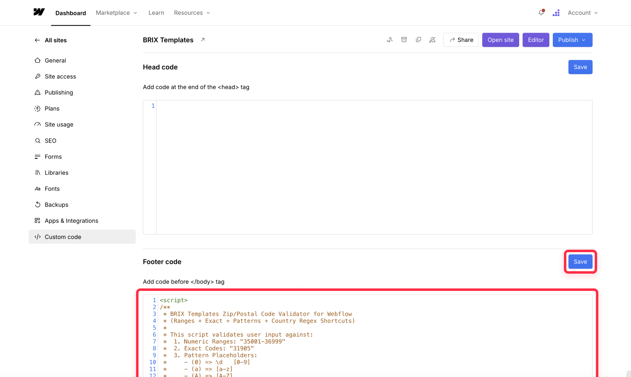 Add Webflow zip code validator script