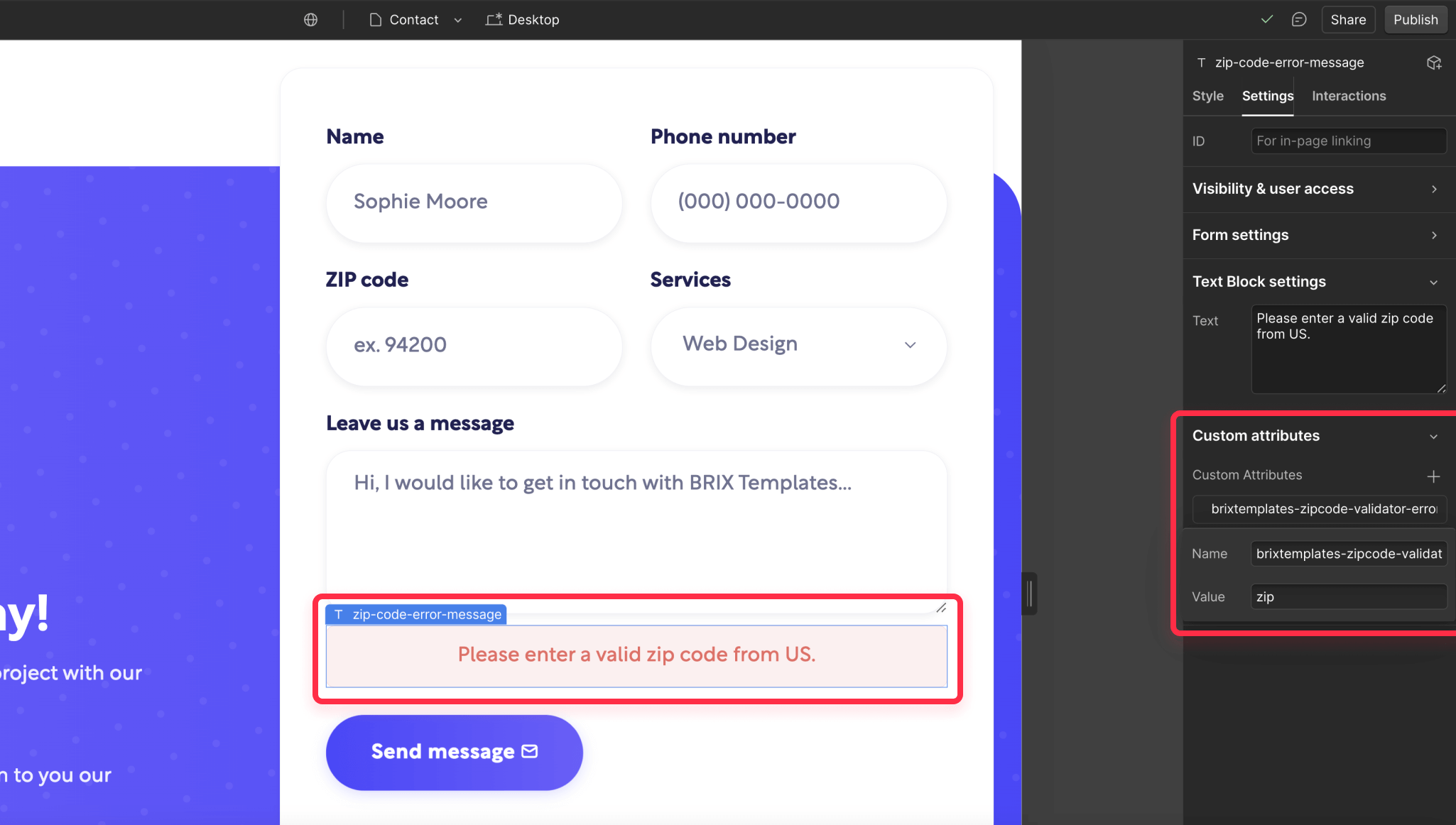 Customize error message for zip postal code validation on Webflow