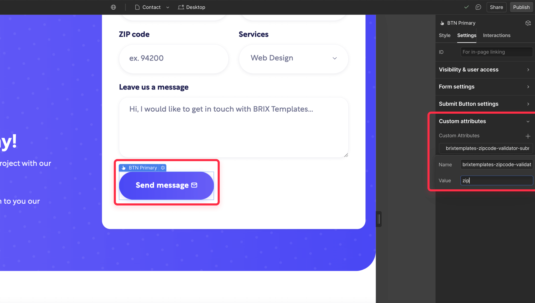 Setup zip code validation rules on Webflow form field