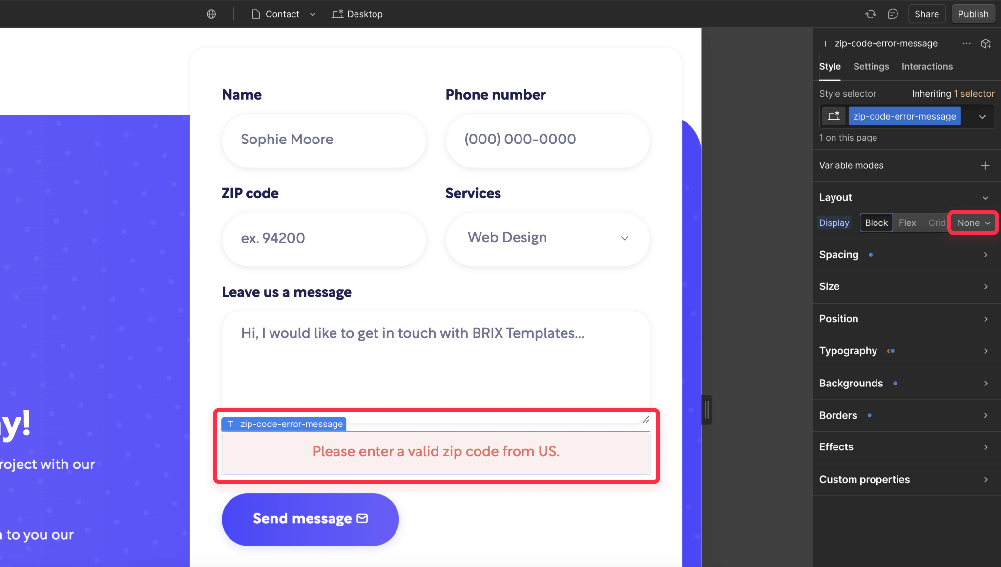 Enable error message for zip post code validator in Webflow site