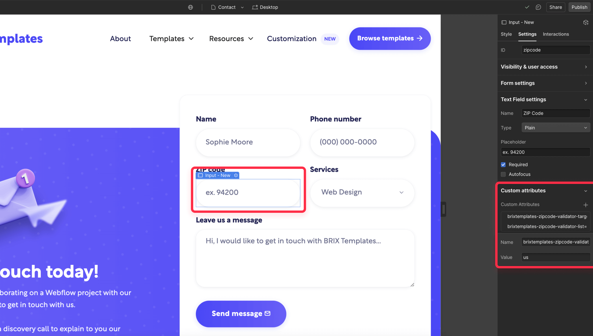 Setup zip code validation rules on Webflow form field