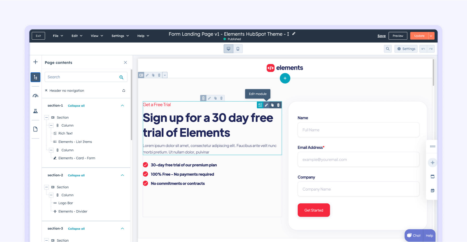HubSpot form landing page editor