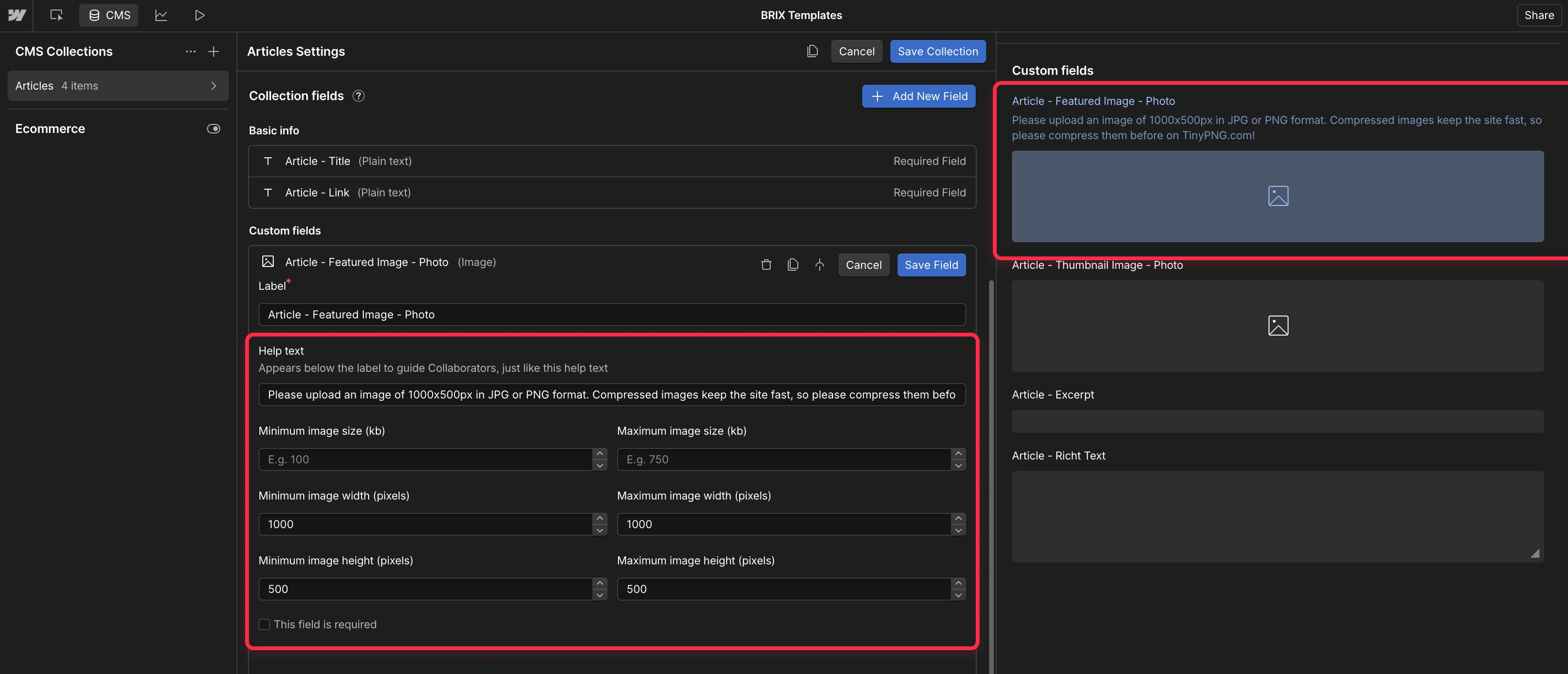 Add help text to image field in Webflow CMS