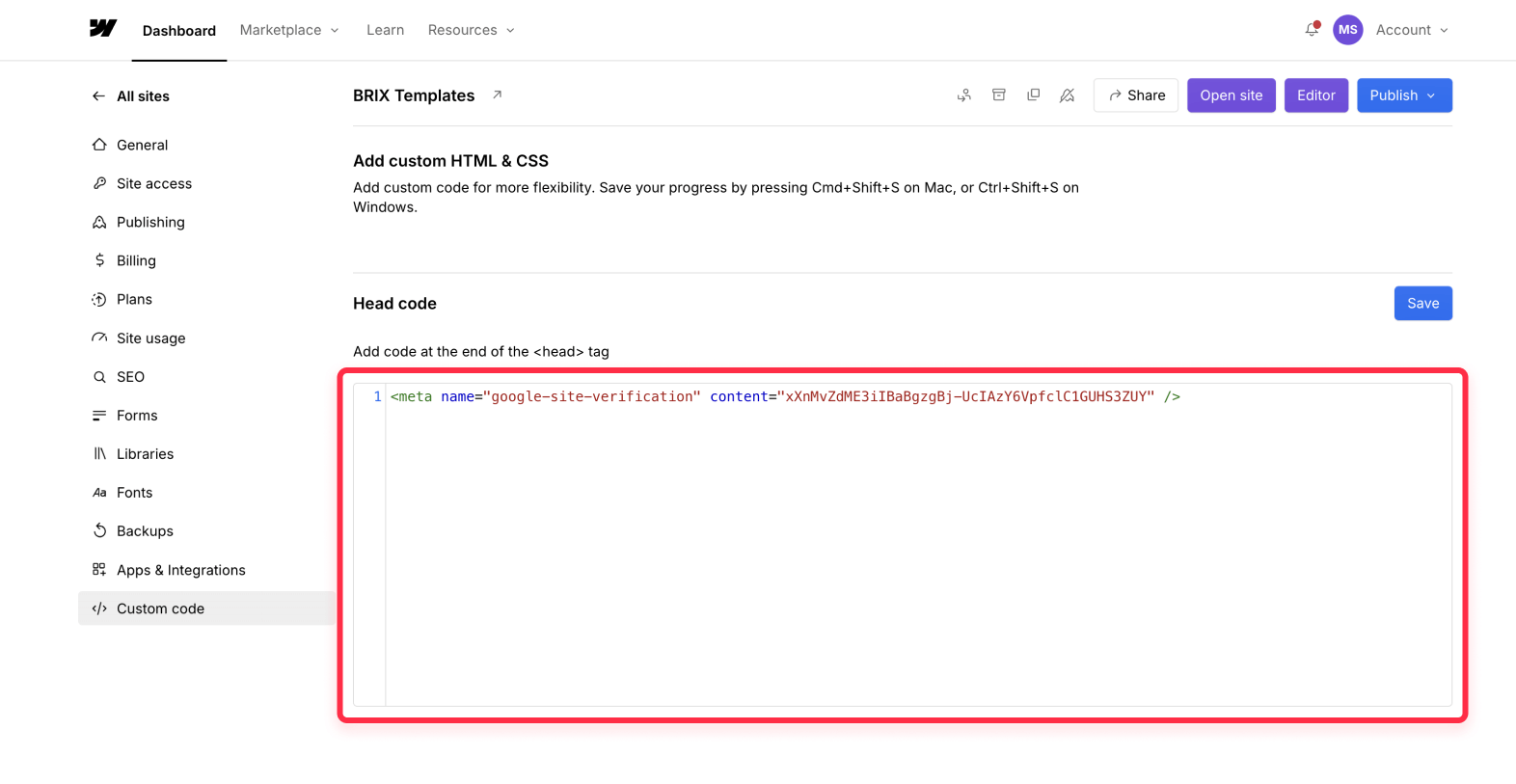 Verify Webflow Site on Google Search Console with HTML Tag