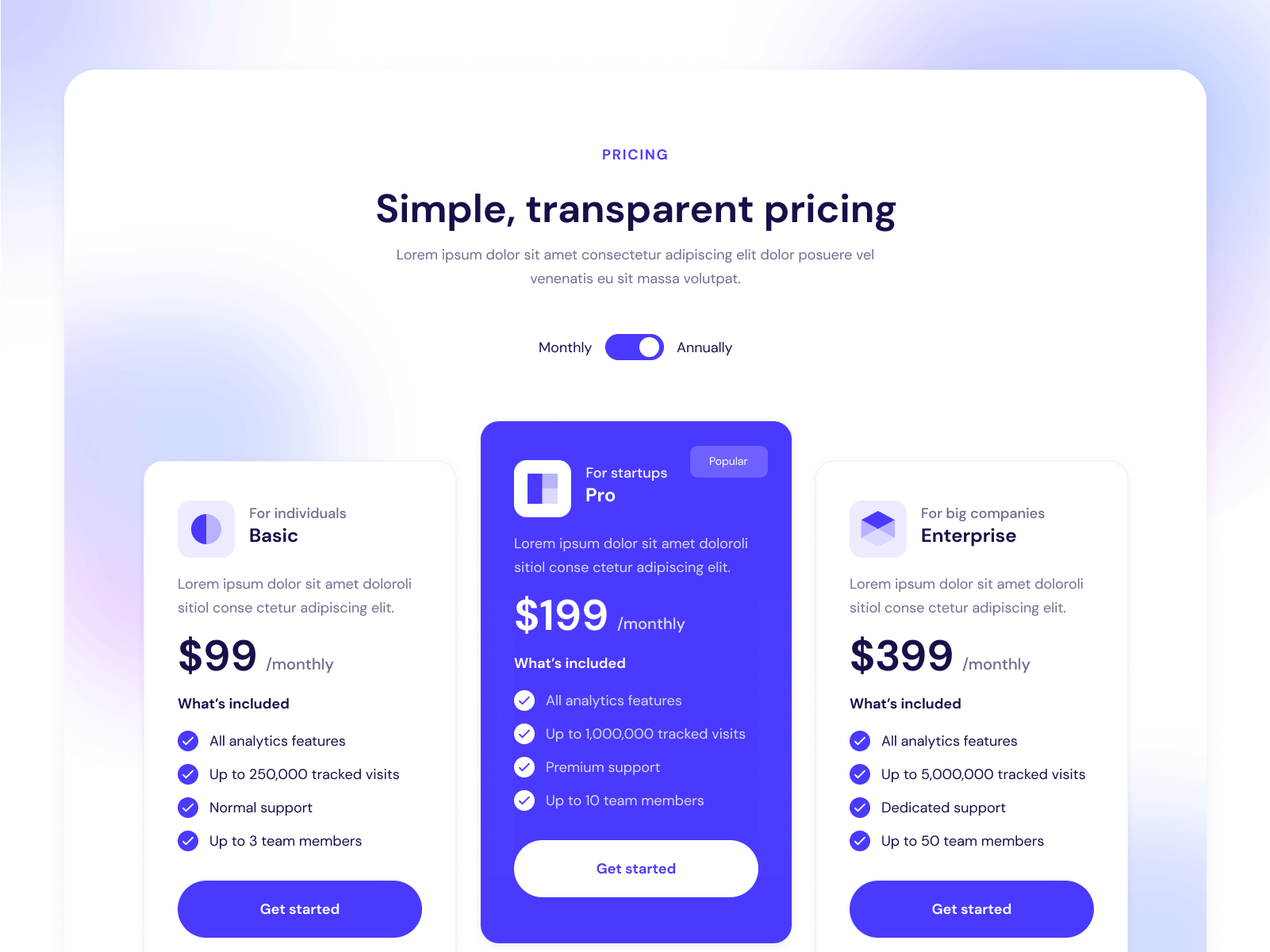 Monthly / Annual Pricing Table