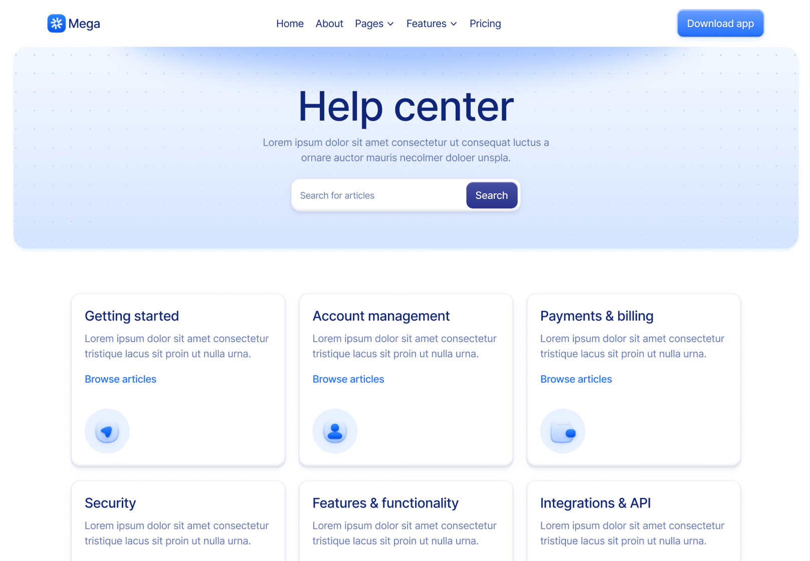 Help Center V1 Page - Mega Webflow Template