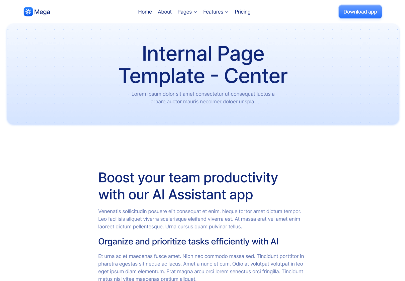 Internal Page Center - Mega Webflow Template