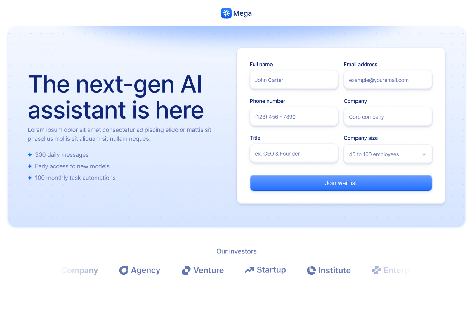 Lead Form V1 Page - Mega Webflow Template