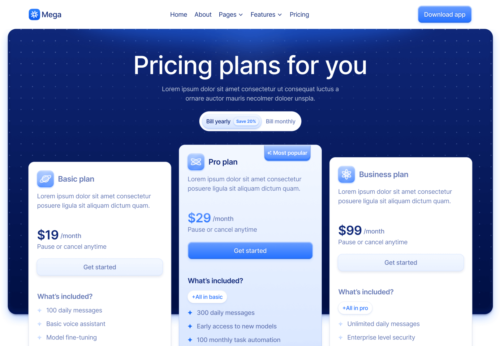 Pricing V1 Page - Mega Webflow Template